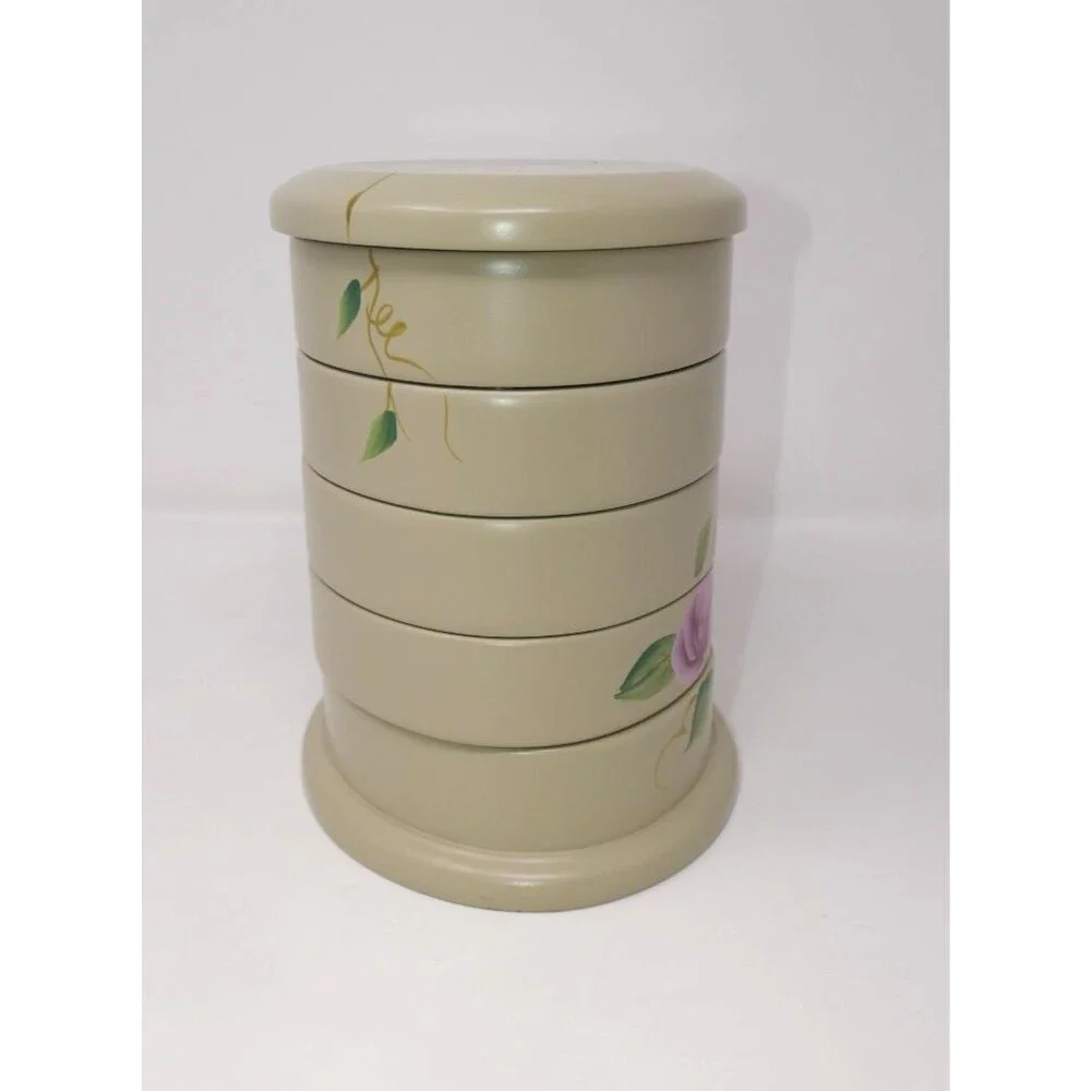 Calgon Flexzorb Vintage Wooden 5-Tier Swivel Jewelry Box Hand Painted Roses